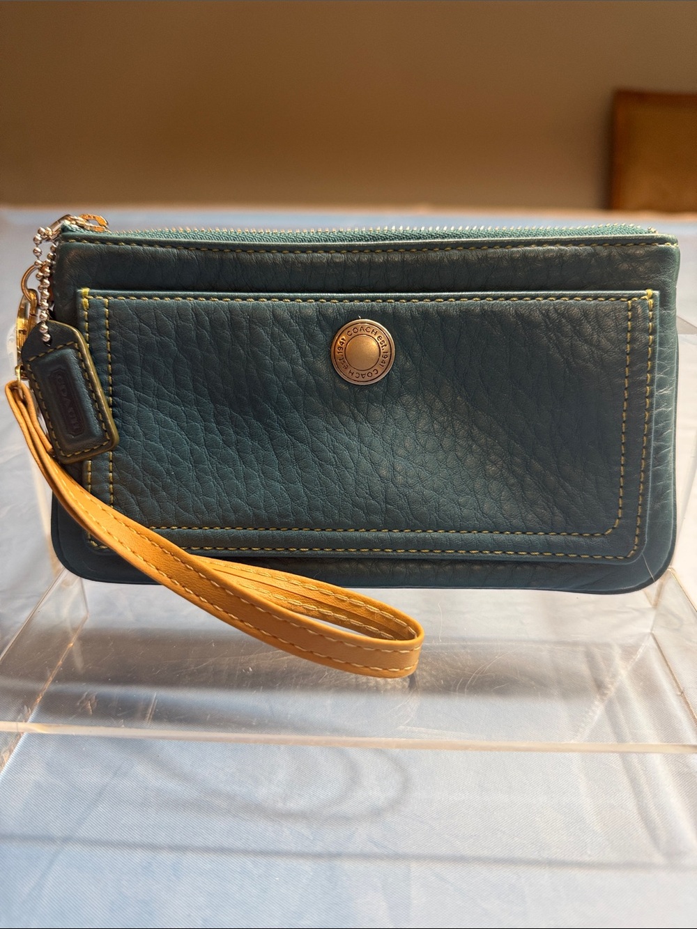 Coach Teal Leather Wristlet with Mustard Strap added the wristlet NWOT